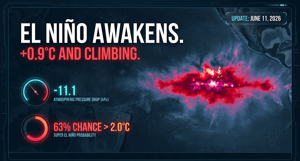 The +0.9°C anomaly in the Niño 3.4 region, signaling the start of a massive planetary thermal shift.