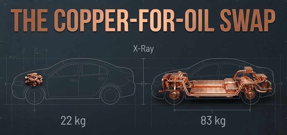 The 277% increase in copper intensity required to transition a standard internal combustion vehicle to electric drive.