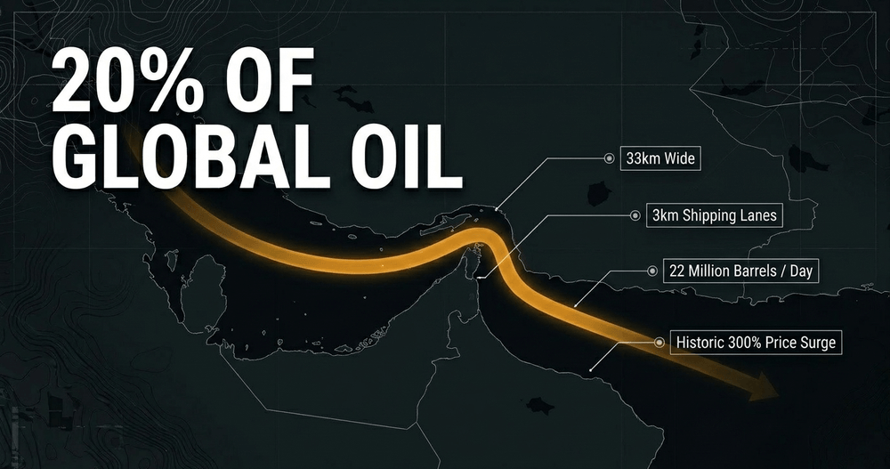 The strait of Hormuz moves roughly a fifth of global oil and LNG. Disruption spikes prices.