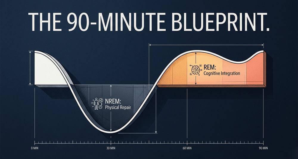 The 90-minute sleep cycle alternates between deep NREM physical repair and REM cognitive integration.