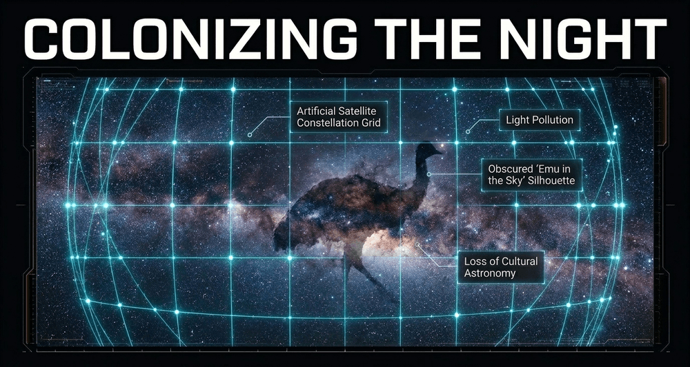 The Aboriginal "Emu in the Sky" dark constellation fading behind an artificial grid of commercial satellite light pollution.