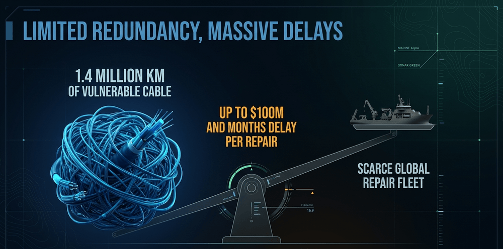 The critical imbalance between 1.4 million km of cable and the scarce global fleet of repair vessels.