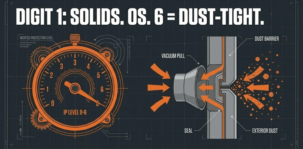 The first digit measures protection against physical objects, with 6 indicating a perfect vacuum seal.
