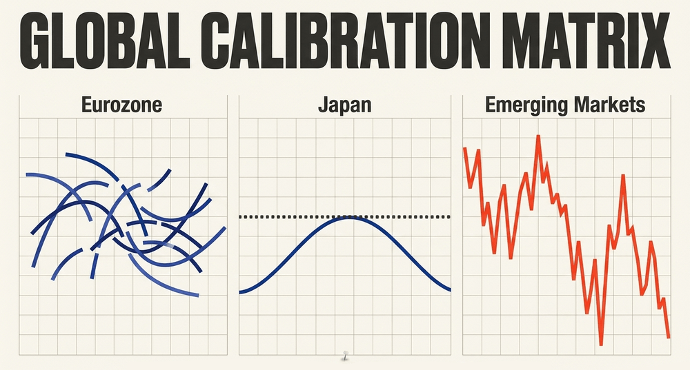 The framework isn't universal. Eurozone is fragmented, Japan fought deflation, and emerging markets face volatile shocks.