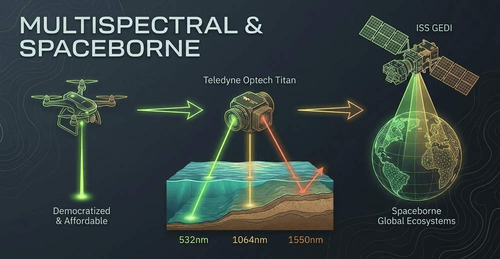 The future utilizes varied laser wavelengths for mapping underwater ruins and space instruments to document global ecosystems.