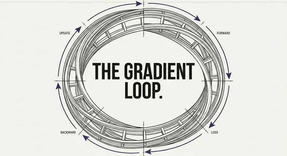 The gradient flow: forward pass, calculate loss, backward pass via chain rule, update weights, and iterate to convergence.