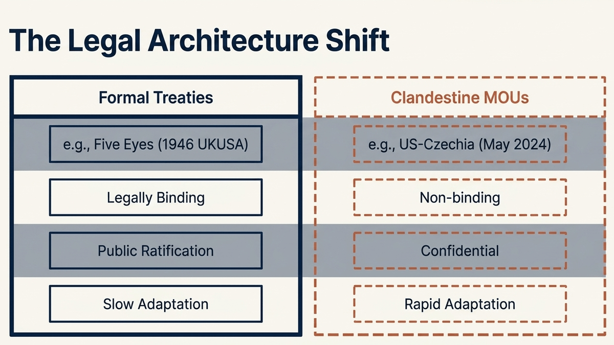 The intelligence architecture is shifting from rigid, formal treaties toward flexible, confidential MOUs.