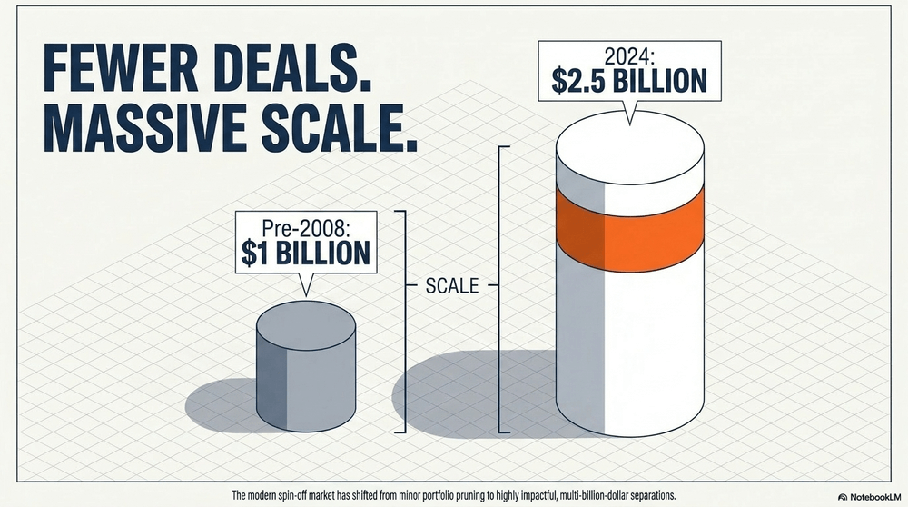 The modern spin-off market has shifted from minor portfolio pruning to highly impactful, multi-billion-dollar separations.