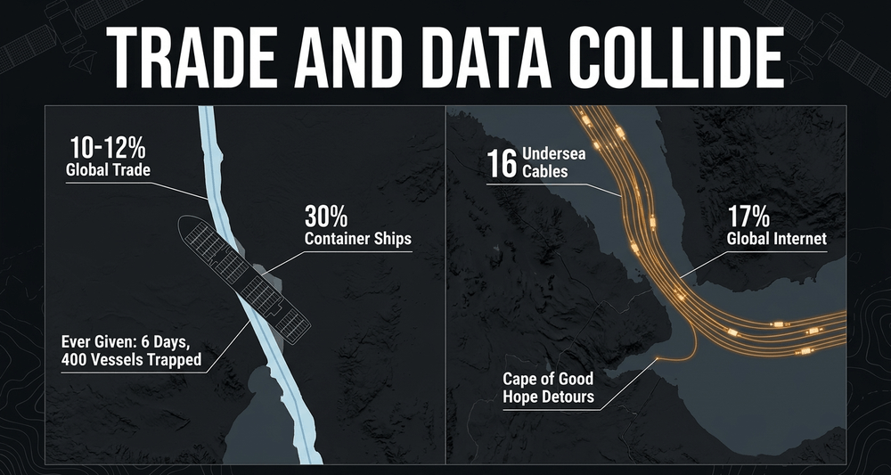 The Suez and Bab-el-Mandeb corridor handles roughly 12% of global trade and a meaningful share of internet traffic via undersea cables.