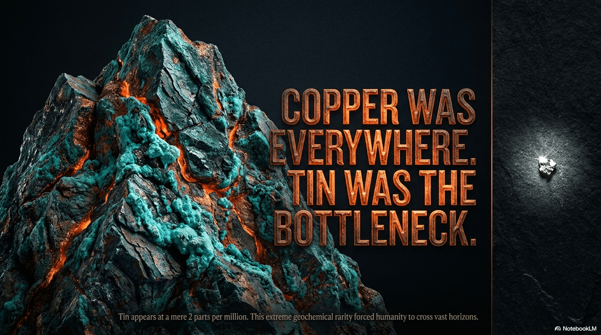 Tin appears at a mere 2 parts per million. This extreme geochemical rarity forced humanity to cross vast horizons.