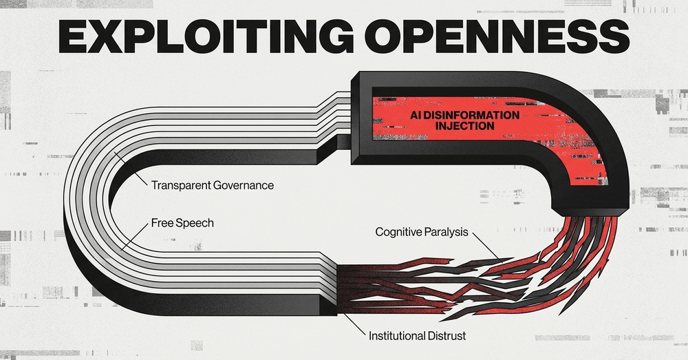 Transparent societies and open information environments face structural exposure when targeted by automated disinformation.