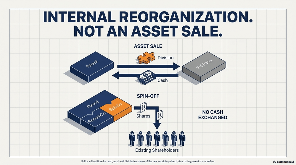 Unlike a divestiture for cash, a spin-off distributes shares of the new subsidiary directly to existing parent shareholders.