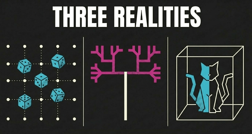 Visual matrix of interpretations: probability (QED), branching worlds, and observer collapse.