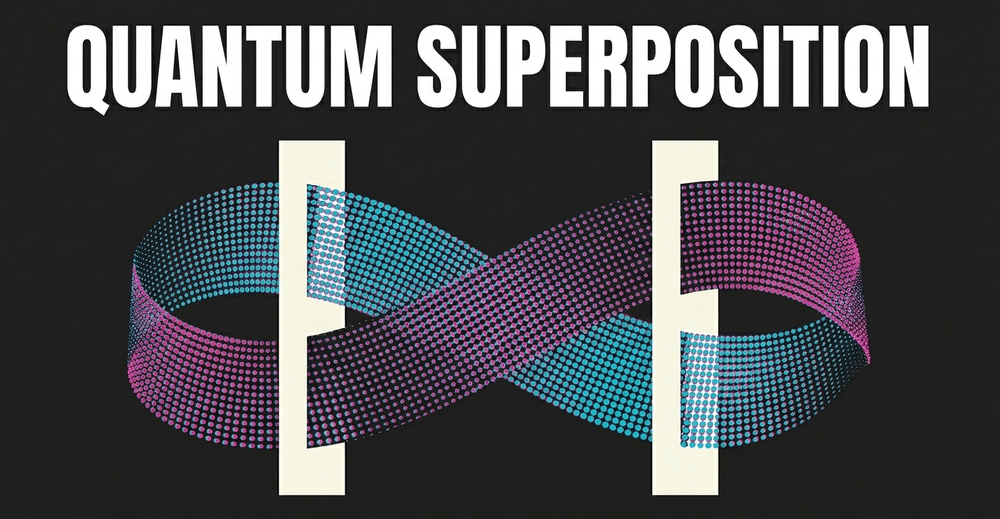 Visual showing an electron existing in multiple paths simultaneously before measurement.