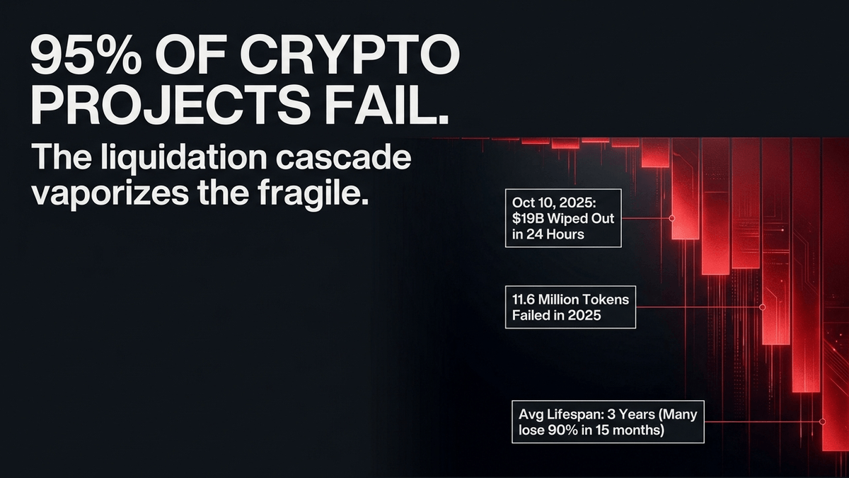 Visualization of the 2025 liquidation cascade and historical crypto token attrition