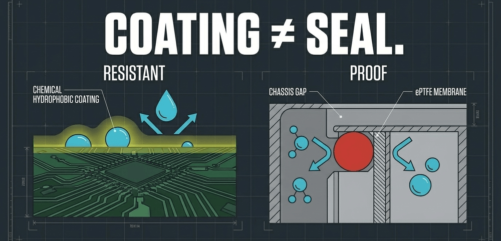 Water-resistant relies on temporary surface coatings, while waterproof requires physical barriers like O-rings.