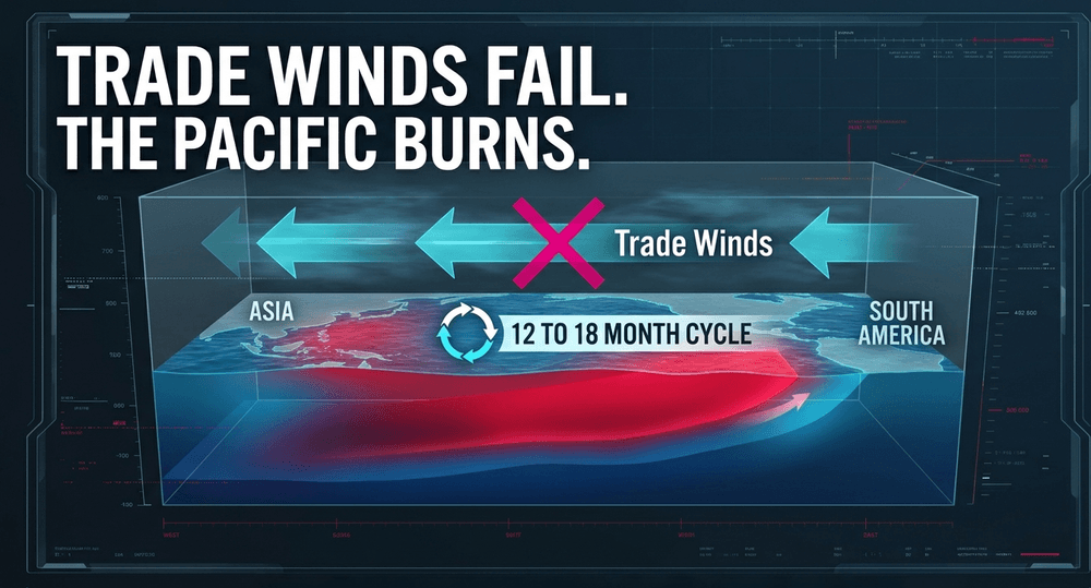 Weakened trade winds push warm surface water eastward, creating a 12-18 month cycle of severe atmospheric disruption.